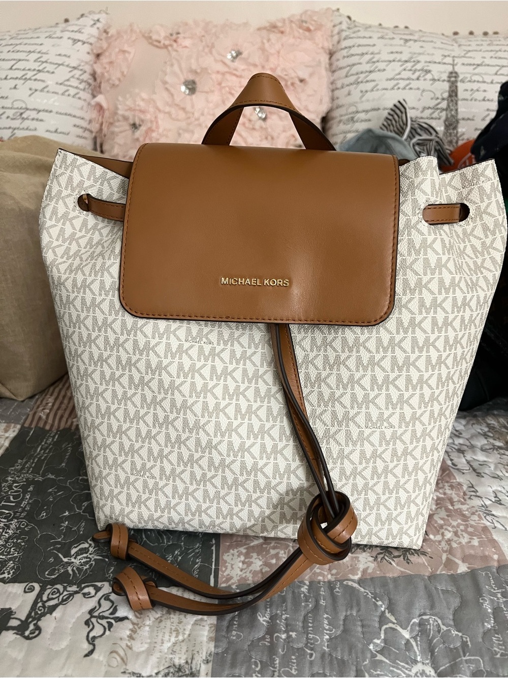Michael Kors Beige Logo Canvas Backpack with Brown Leather Trim